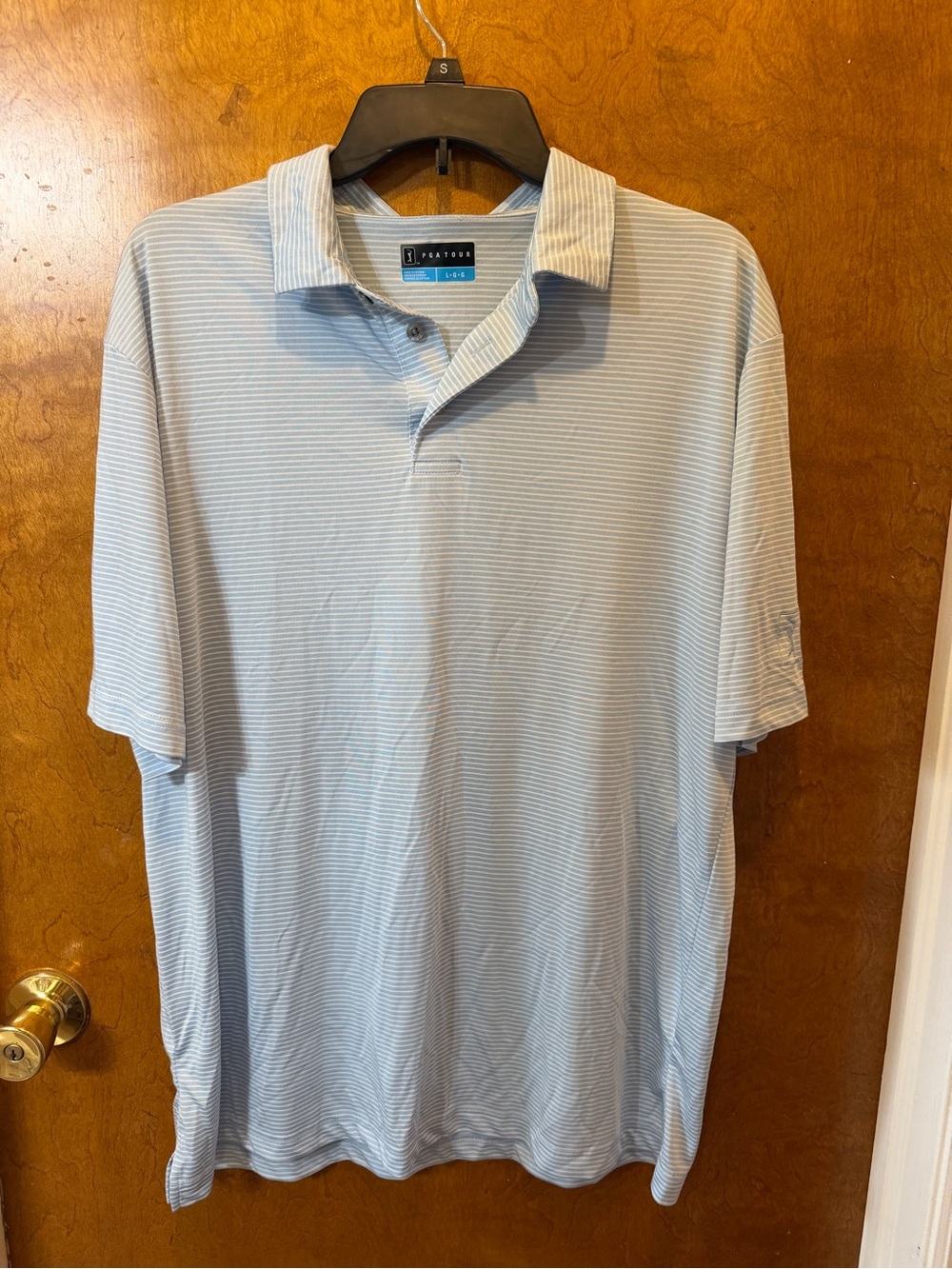 PGA TOUR Men's Polo Shirt Blue/White Striped Short Sleeve Collared Size L